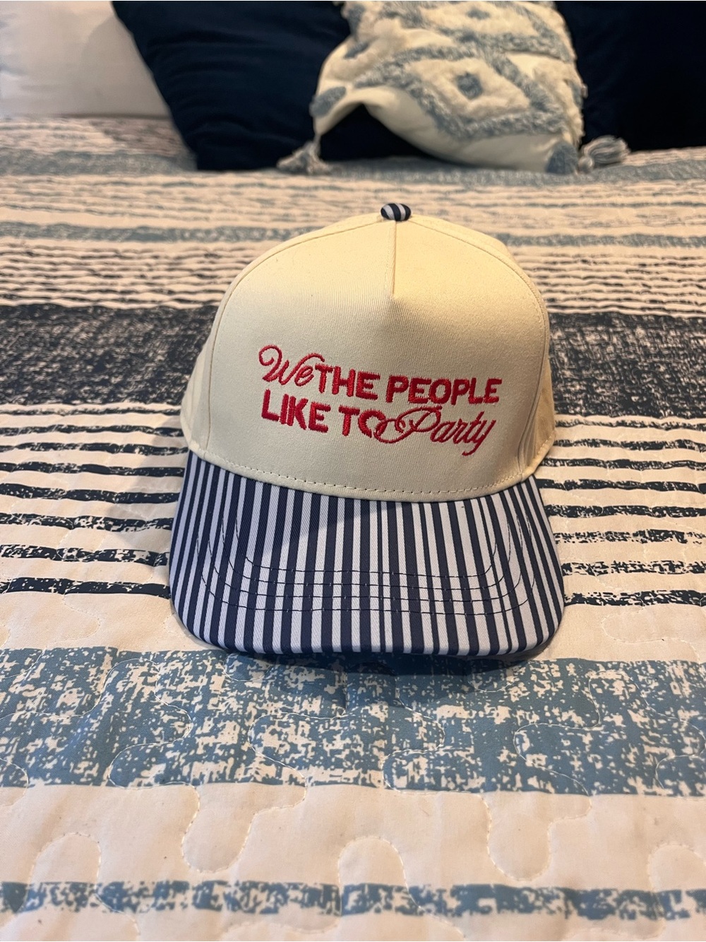 ruby moon Cream Cap with Navy Striped Brim and Red Script
